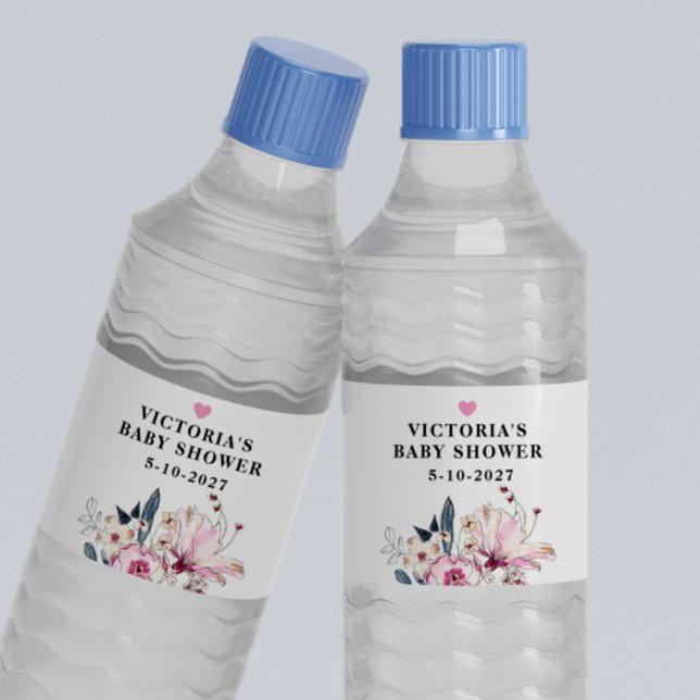 Rosa Blommigt Baby i Bloom Baby Shower Vattenflaska Etikett (Skapare uppladdad)