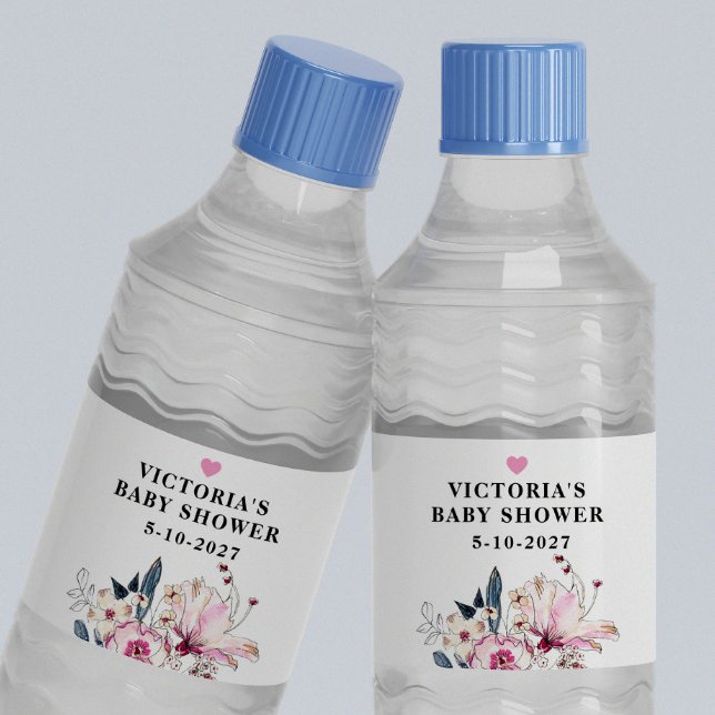 Rosa Blommigt Baby i Bloom Baby Shower Vattenflaskor Etikett (Skapare uppladdad)