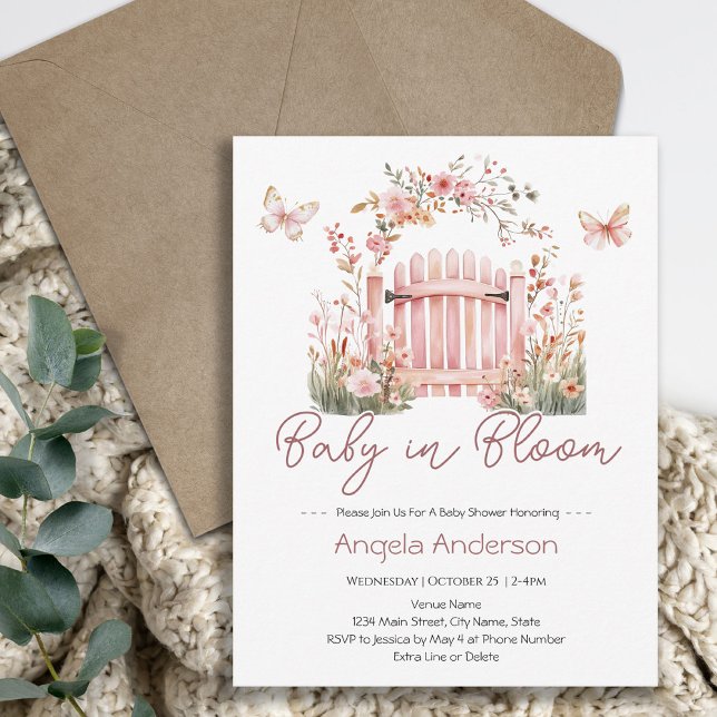 Rosa Blommigt Baby i Bloom Butterfly Baby Shower Inbjudningar (Skapare uppladdad)
