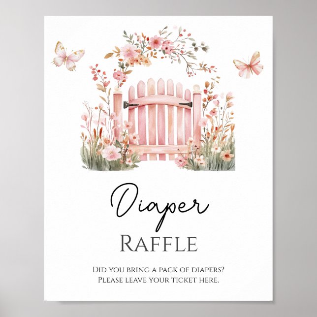 Rosa Blommigt Baby i Bloom Butterfly Diaper Raffle Poster (Framsidan)