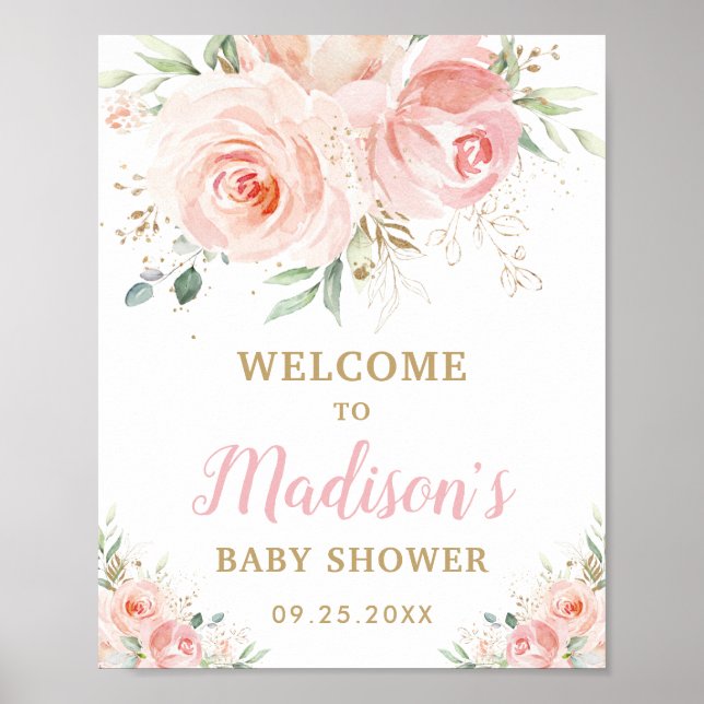  Rosa Blommigt Baby Shower Birthday Välkommen Poster (Framsidan)