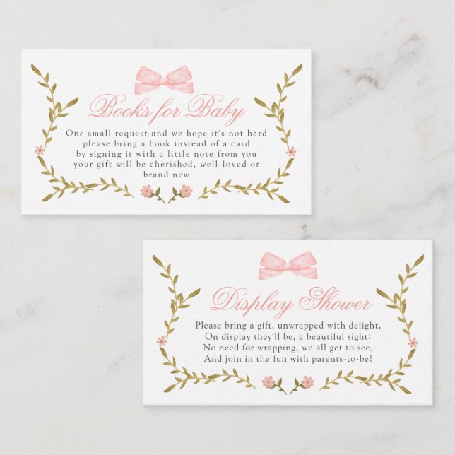 Rosa Blommigt Baby Shower Bokar för Baby Visning Tilläggskort (Fram/baksida)