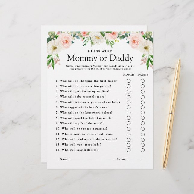 Rosa Blommigt Baby Shower Game Game Gissa vem (Fram/Back In Situ)