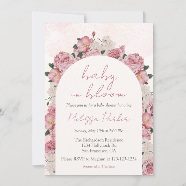 Rosa Blommigt Baby Shower Girl Baby i Bloom Inbjudningar (Framsida)