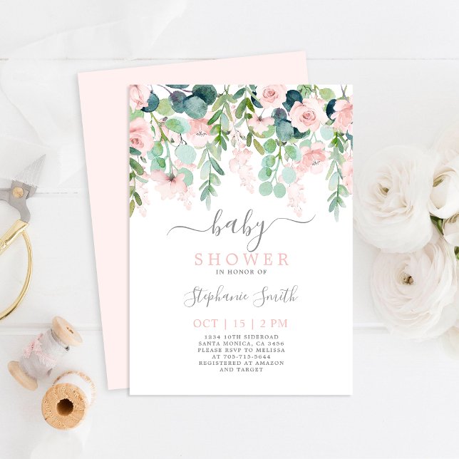 Rosa Blommigt Baby Shower Girl-inbjudan för flicko Inbjudningar (Skapare uppladdad)