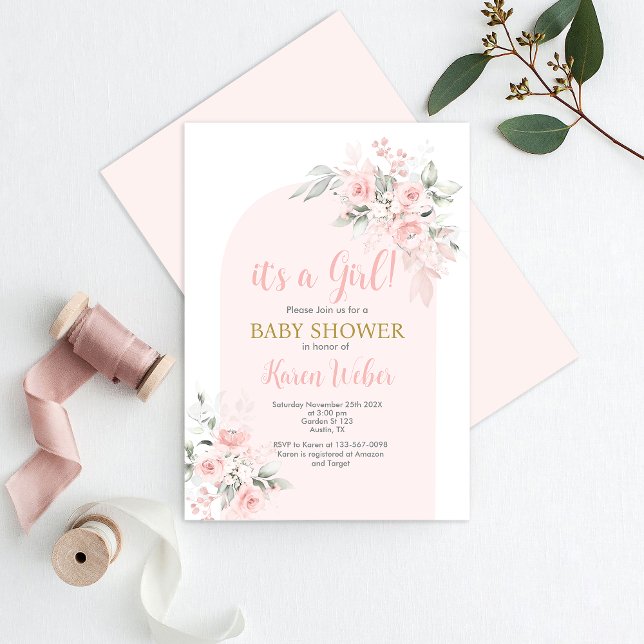 Rosa Blommigt Baby Shower Girl-inbjudan för flicko Inbjudningar (Skapare uppladdad)