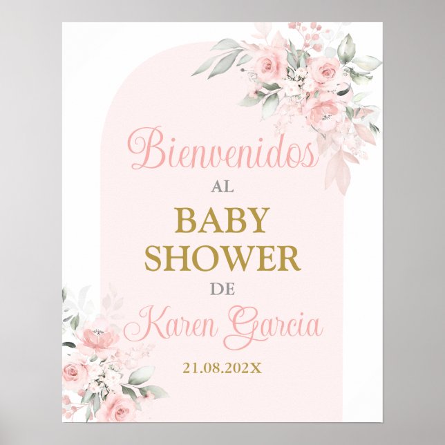Rosa Blommigt Baby Shower Girl Spain Welcome Sign Poster (Framsidan)