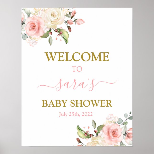 Rosa Blommigt Baby Shower Girl Välkomstskylt Poster (Framsidan)