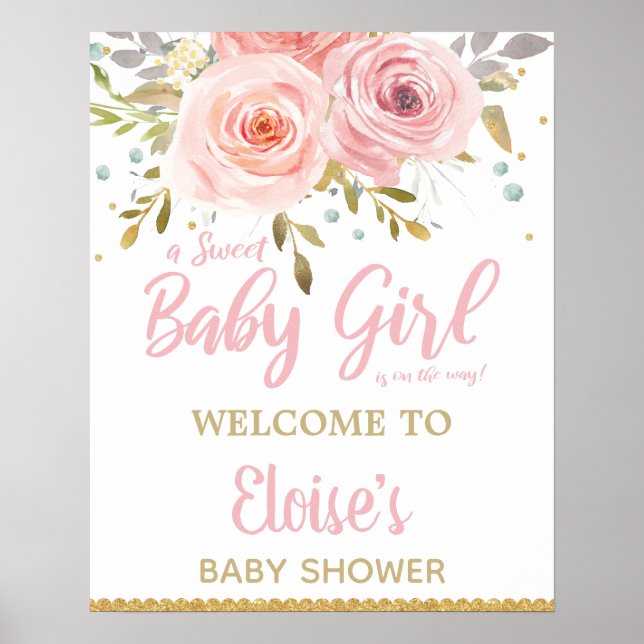  Rosa Blommigt Baby Shower Girl Välkomstskylt Poster (Framsidan)