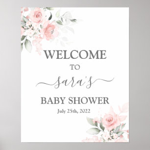  Rosa Blommigt Baby Shower Girl Välkomstskylt Poster