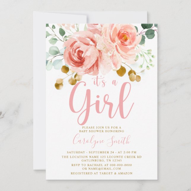  Rosa Blommigt Baby Shower-inbjudan Flicka Inbjudningar (Framsida)