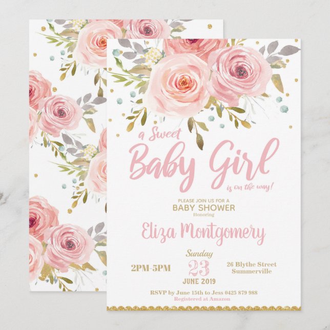 Rosa  Blommigt Baby Shower-inbjudan Flickor Inbjudningar (Fram/baksida)
