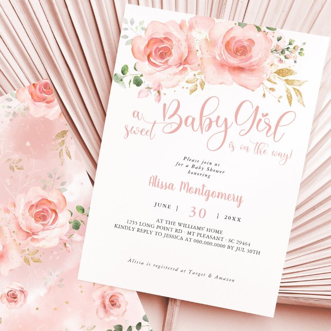 Rosa  Blommigt Baby Shower-inbjudan Flickor Inbjudningar (Skapare uppladdad)