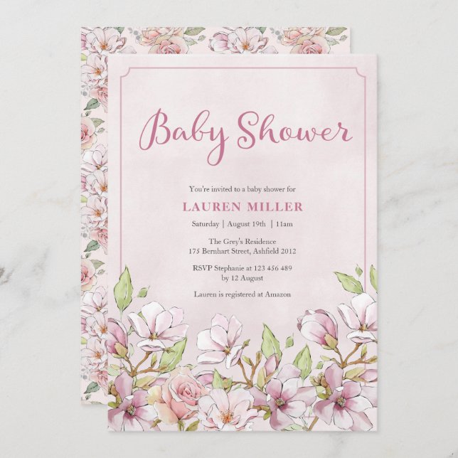 Rosa Blommigt Baby Shower-inbjudan Inbjudningar (Fram/baksida)