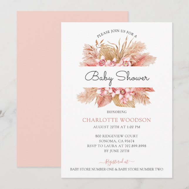  Rosa Blommigt Baby Shower Inbjudningar (Fram/baksida)