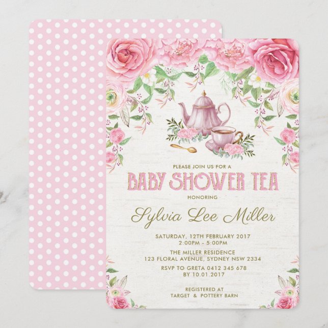 Rosa Blommigt Baby Shower Kitchen Tea Party Inbjud Inbjudningar (Fram/baksida)