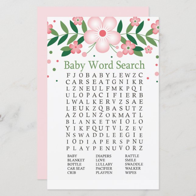 Rosa Blommigt Baby Shower Ord Search-spel (Fram/baksida)