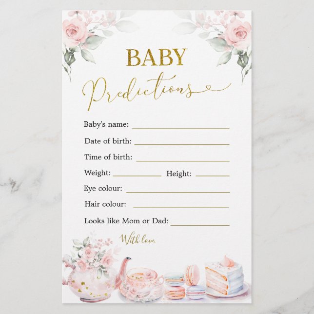 Rosa Blommigt Baby Shower Tea Party Baby Predictio (Framsida)