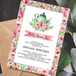 Rosa Blommigt Baby Shower Tea Party-inbjudan Inbjudningar