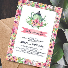 Rosa Blommigt Baby Shower Tea Party-inbjudan Inbjudningar