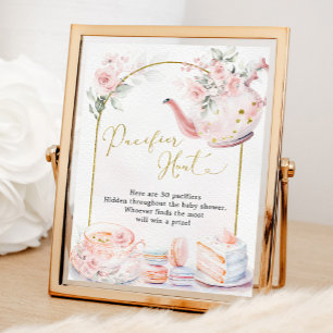 Rosa Blommigt Baby Shower Tea Party Nappar Hunt Poster