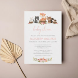 Rosa Blommigt Baby Shower Woodland Forest Animals Inbjudningar