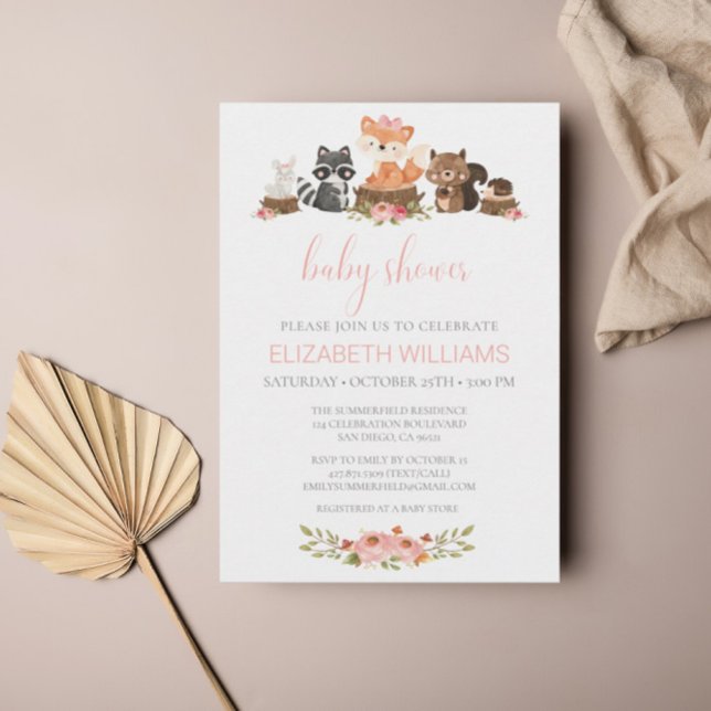 Rosa Blommigt Baby Shower Woodland Forest Animals Inbjudningar (Skapare uppladdad)