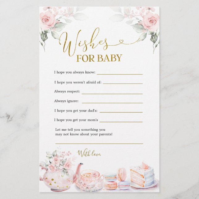 Rosa Blommigt Baby Tea Party Önskemål för Baby (Framsida)