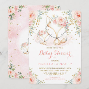  Rosa Blommigt Baby Woodland Fox Girl Shower In Inbjudningar