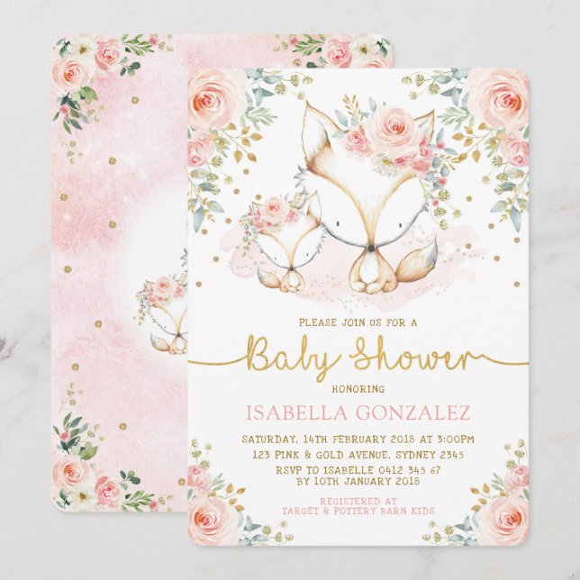  Rosa Blommigt Baby Woodland Fox Girl Shower Inbjudningar (Fram/baksida)