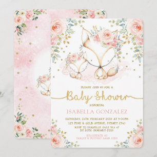  Rosa Blommigt Baby Woodland Fox Girl Shower Inbjudningar
