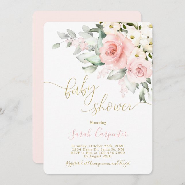  rosa blommigt babyduschflicka inbjudningar (Fram/baksida)