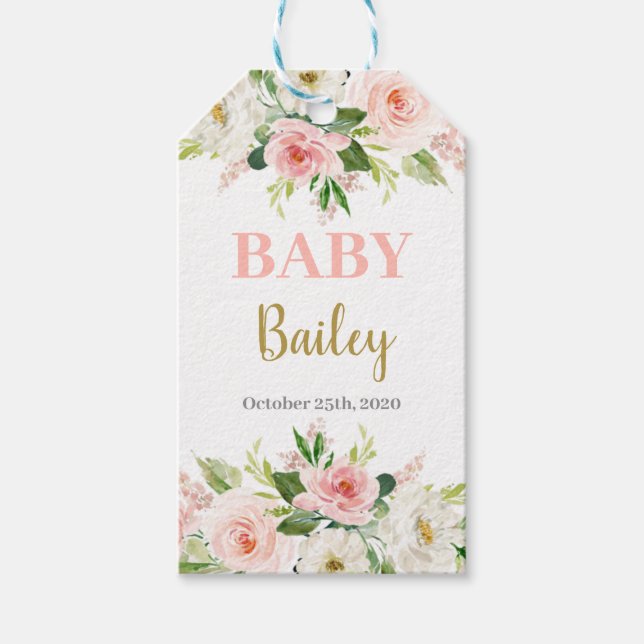 Rosa blommigt babyduschflicka presentetikett (Framsidan)
