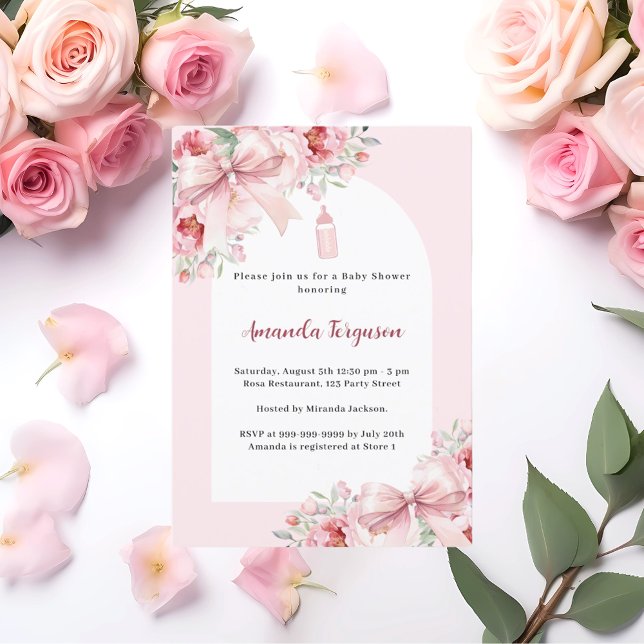 Rosa blommigt bågar runt babyskor baby flaska inbjudningar (Skapare uppladdad)