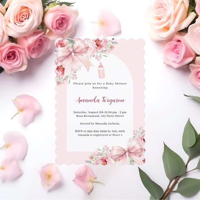 Rosa blommigt båge flaska Baby Shower Inbjudningar (Skapare uppladdad)