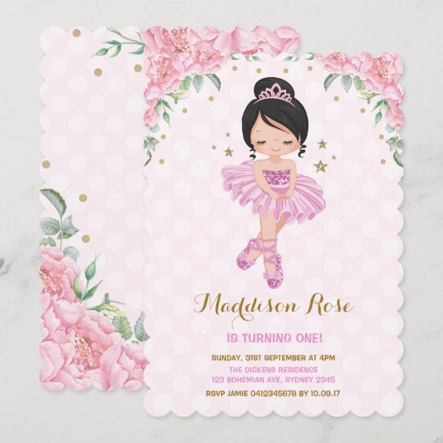 Rosa Blommigt Ballerina Ballet Tutu födelsedag Inb Inbjudningar (Fram/baksida)