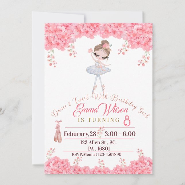 Rosa Blommigt Ballerina Doll Birthday Inbjudningar (Framsida)