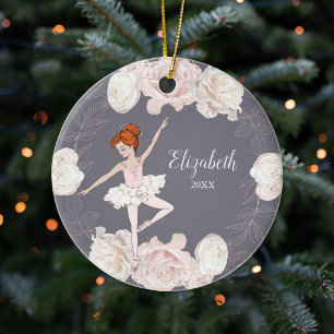 Rosa Blommigt Ballerina Red Hair Girl Personlig Julgransprydnad Keramik