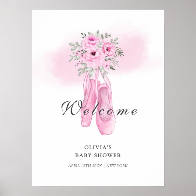 Rosa Blommigt Ballerina Shoes Welcome Baby Shower Poster (Framsidan)