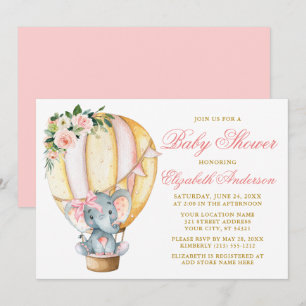 Rosa Blommigt Balloon Elephant Bow Baby Shower Inbjudningar