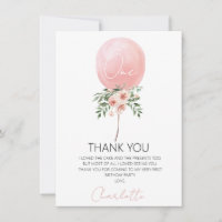 Rosa Blommigt Balloon First Birthday Tack you Card