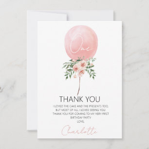 Rosa Blommigt Balloon First Birthday Tack you Card Inbjudningar