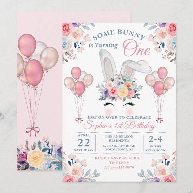 Rosa Blommigt Balloon Girl First Birthday Inbjudningar (Fram/baksida)