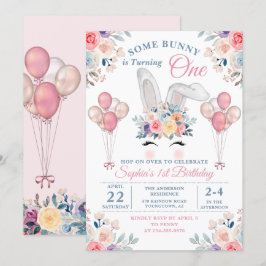 Rosa Blommigt Balloon Girl First Birthday Inbjudningar