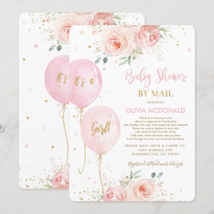 Rosa Blommigt Balloons Guld Baby Shower by Mai Inbjudningar