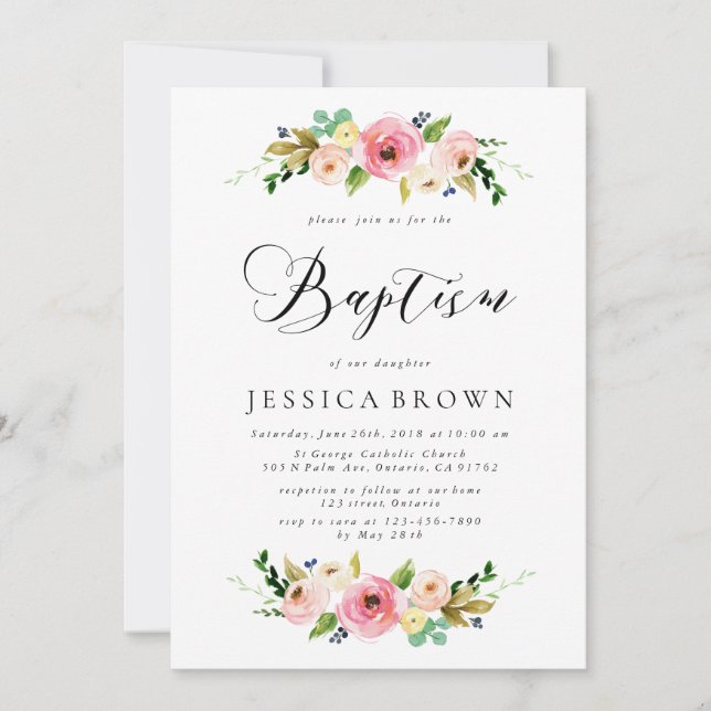 Rosa Blommigt Baptism Blommigt med vattenfärg Bapt Inbjudningar (Framsida)