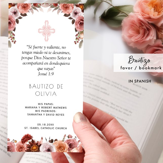 Rosa,   Blommigt Baptism Bookmark Favoriter Tack Kort (Skapare uppladdad)