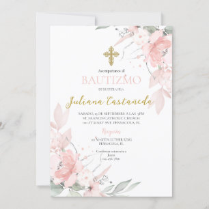 Rosa blommigt baptism en espanol inbjudningar