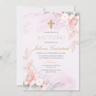 Rosa blommigt baptism en espanol inbjudningar