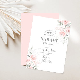 Rosa Blommigt Baptism Flicka Spansk inbjudan